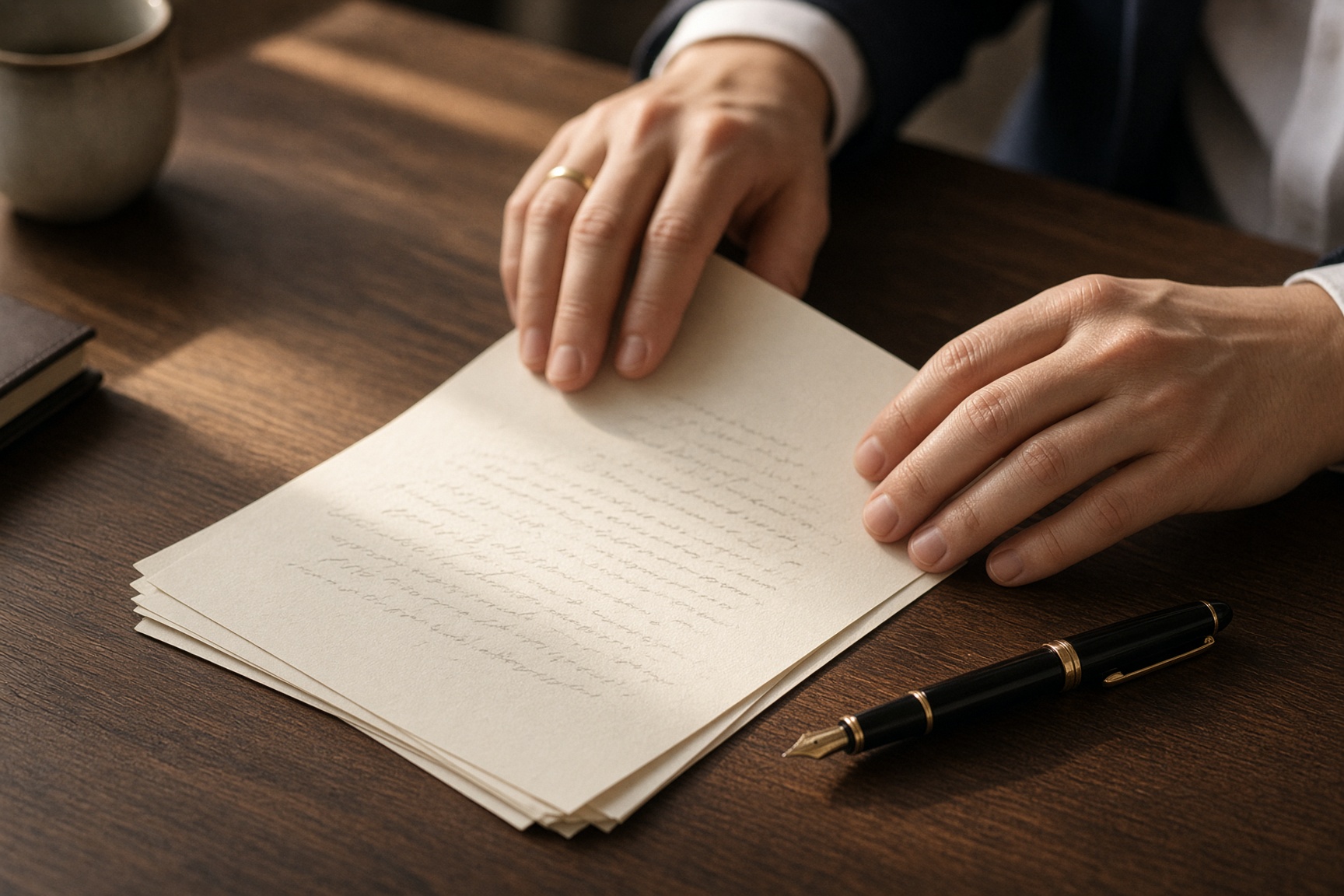 Hands reconciling documents on a paper-covered desk