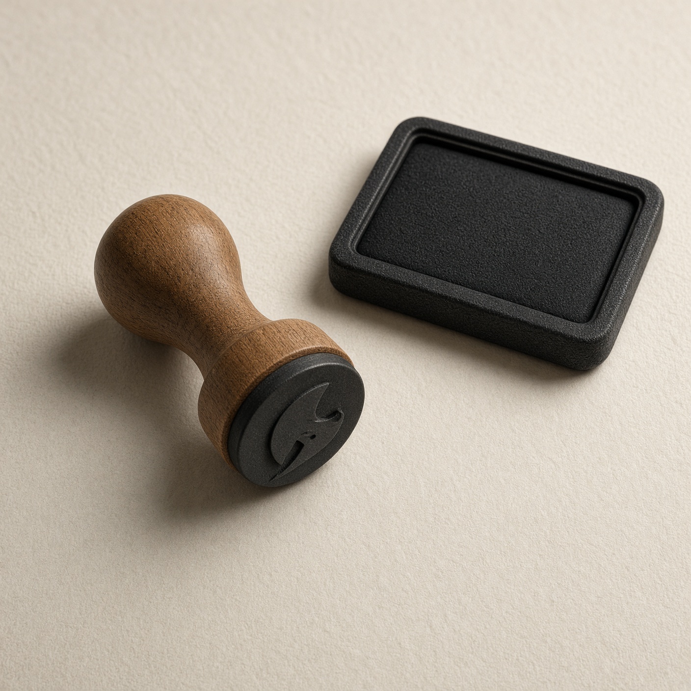 A wooden stamp and ink pad on a ledger