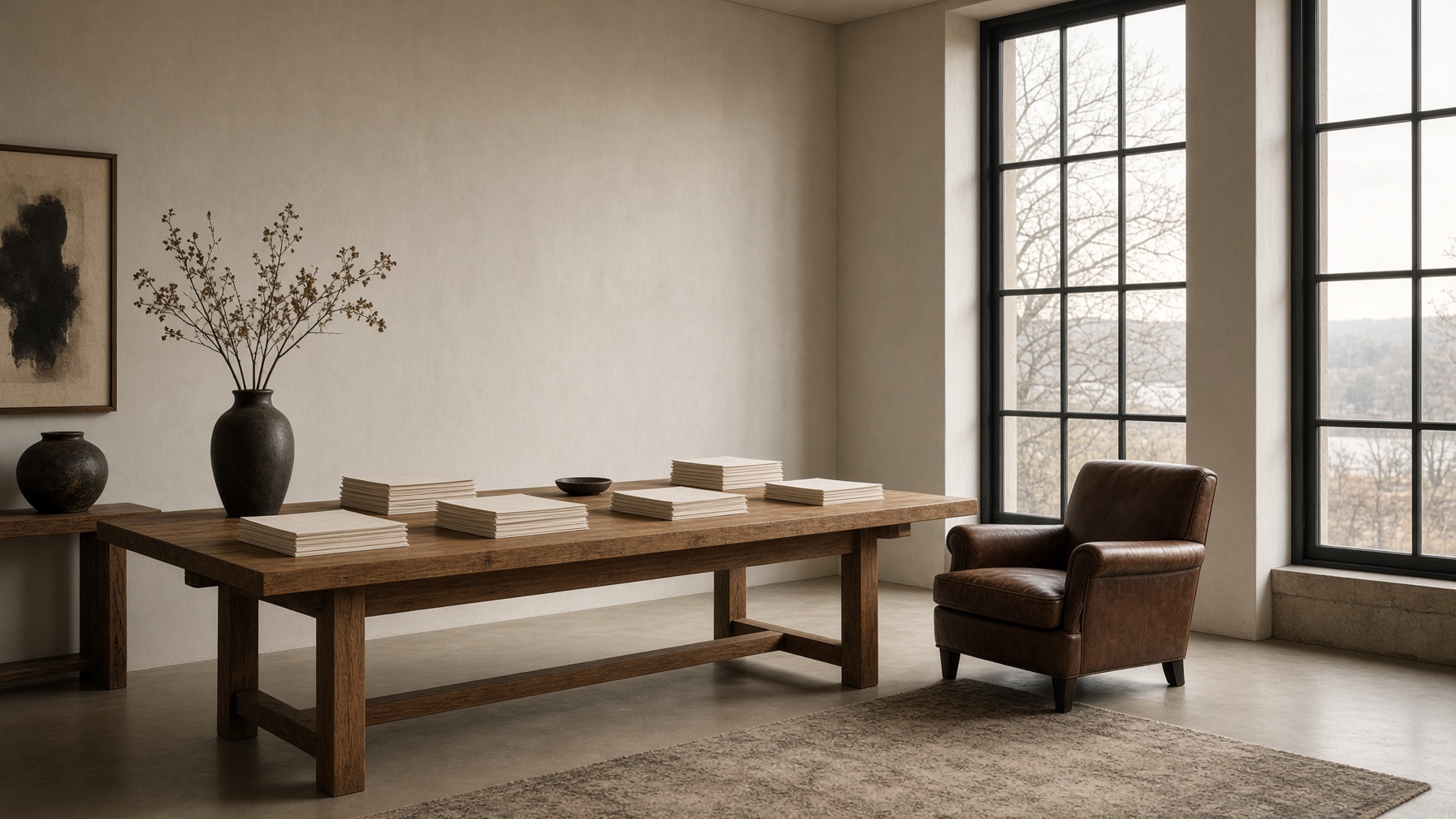 The August Close studio, pale plaster and an oak table